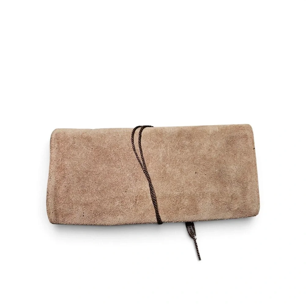 Vintage Tan Suede Jewelry Roll Travel Organizer Wrap Case Bohemian Brown